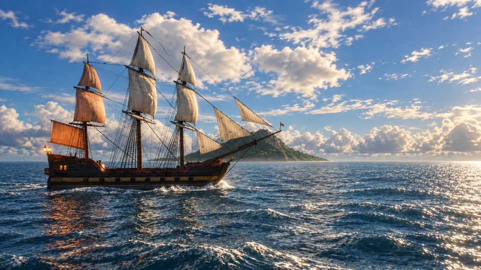Full sail under a Caribbean afternoon sky.