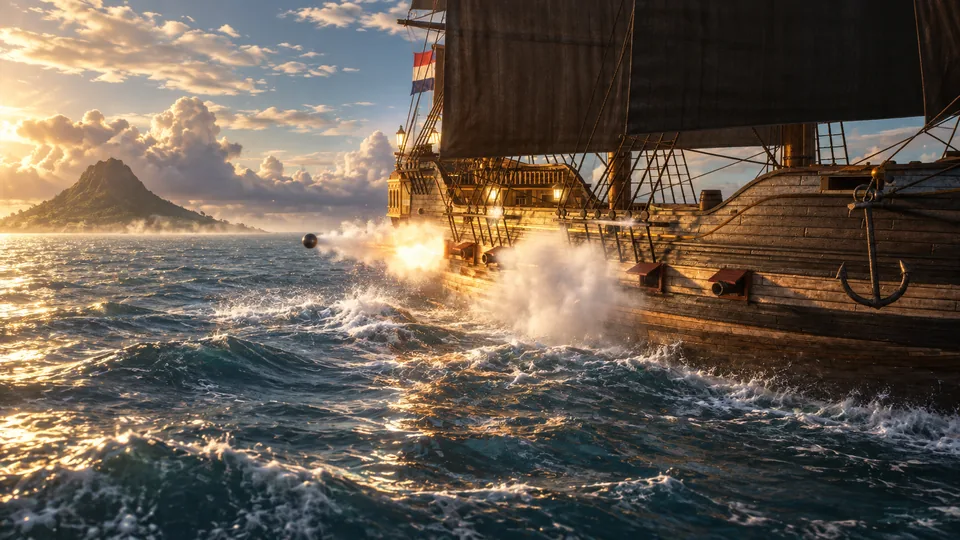 Muzzle flash, rolling powder smoke and shot skipping across the swell.