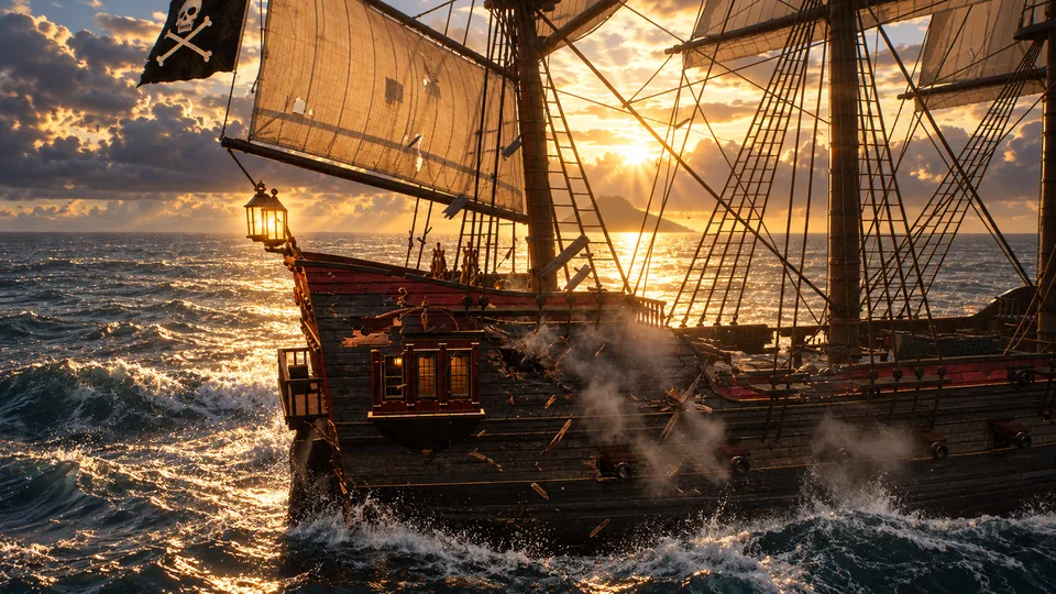 Splintered planking, torn canvas and smoke from the gun deck.