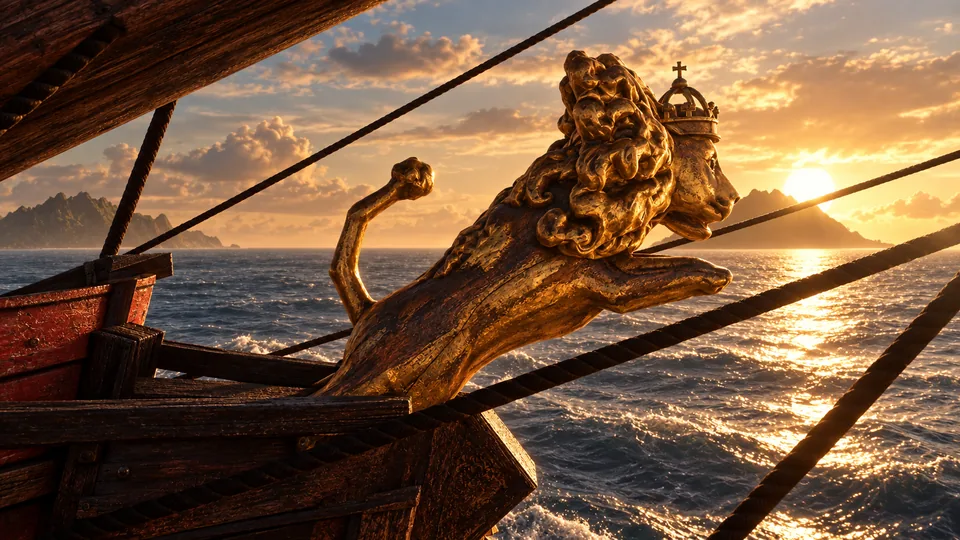 The gilded lion figurehead of the frigate, the sun low over the islands