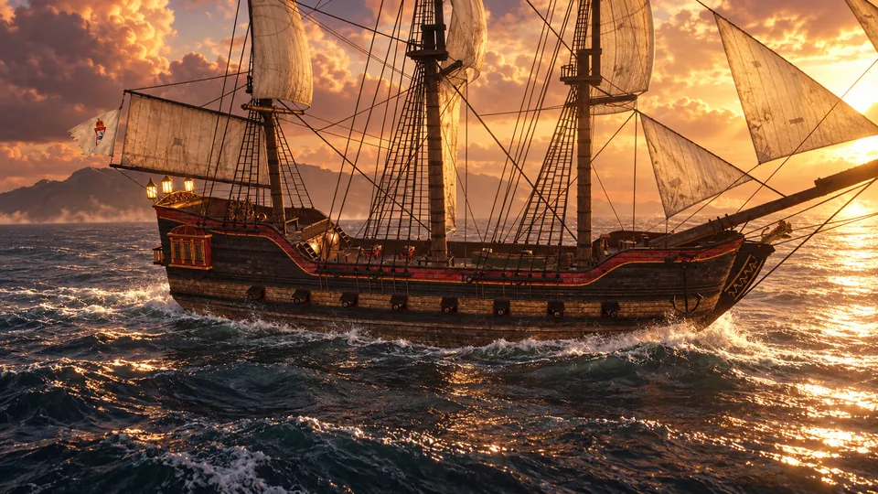 A 44-gun fifth rate running before the wind, lanterns lit.