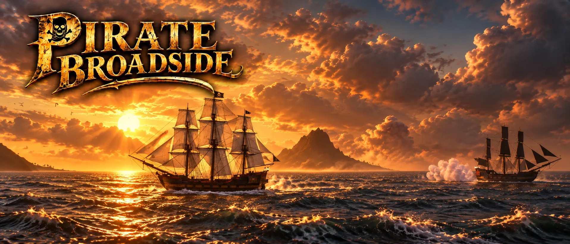 Pirate Broadside key art: two ships trade fire at sunset beneath the gold title