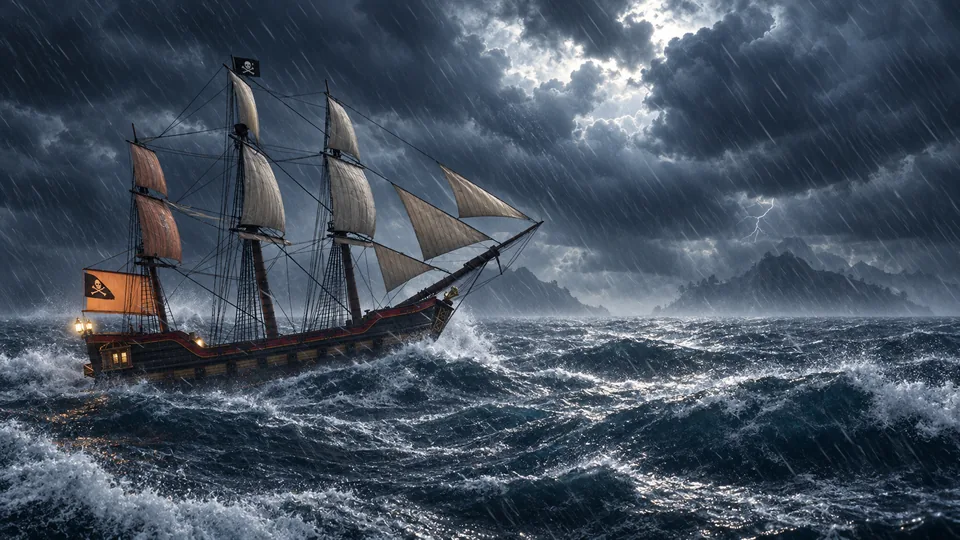 Rain curtains, lightning and a sea that throws the ship about.